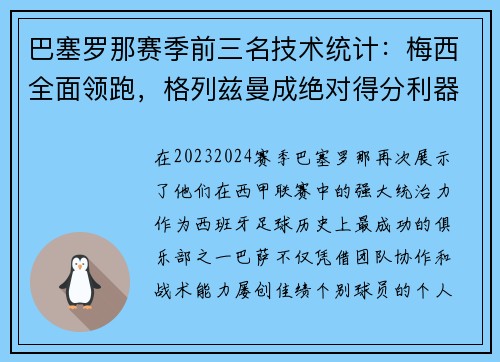 巴塞罗那赛季前三名技术统计：梅西全面领跑，格列兹曼成绝对得分利器