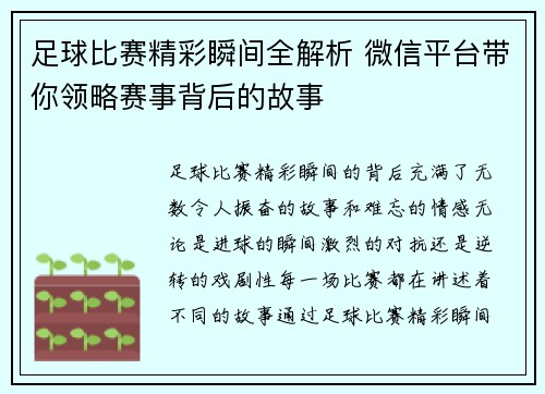 足球比赛精彩瞬间全解析 微信平台带你领略赛事背后的故事