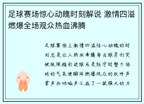 足球赛场惊心动魄时刻解说 激情四溢燃爆全场观众热血沸腾