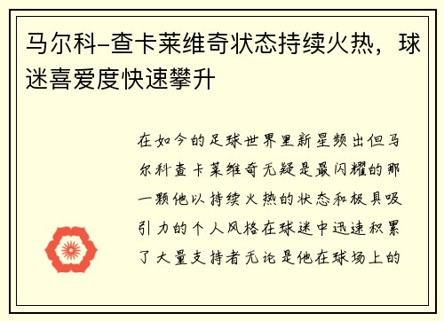 马尔科-查卡莱维奇状态持续火热，球迷喜爱度快速攀升