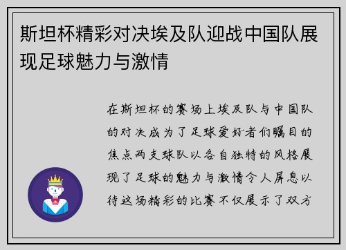 斯坦杯精彩对决埃及队迎战中国队展现足球魅力与激情