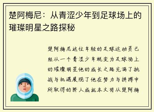 楚阿梅尼：从青涩少年到足球场上的璀璨明星之路探秘
