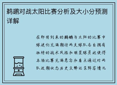 鹈鹕对战太阳比赛分析及大小分预测详解
