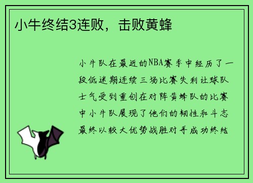 小牛终结3连败，击败黄蜂
