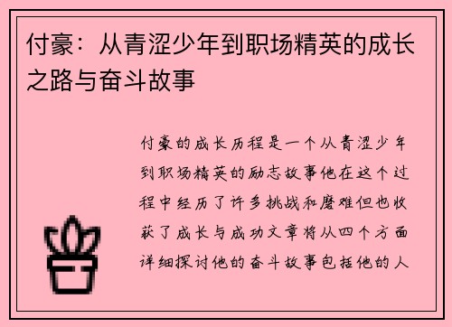 付豪：从青涩少年到职场精英的成长之路与奋斗故事