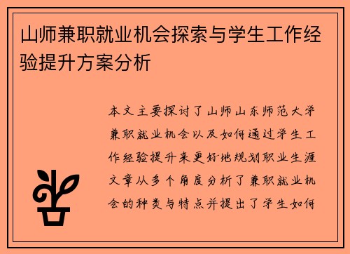 山师兼职就业机会探索与学生工作经验提升方案分析