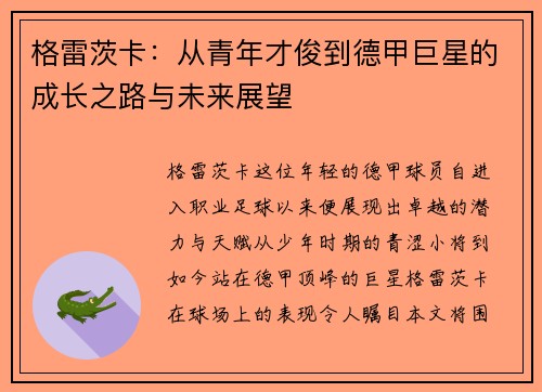 格雷茨卡：从青年才俊到德甲巨星的成长之路与未来展望