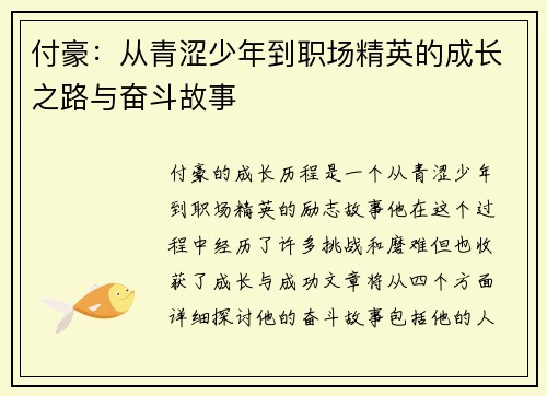 付豪：从青涩少年到职场精英的成长之路与奋斗故事