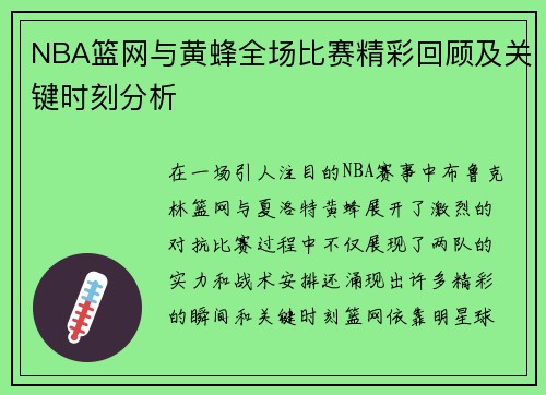 NBA篮网与黄蜂全场比赛精彩回顾及关键时刻分析