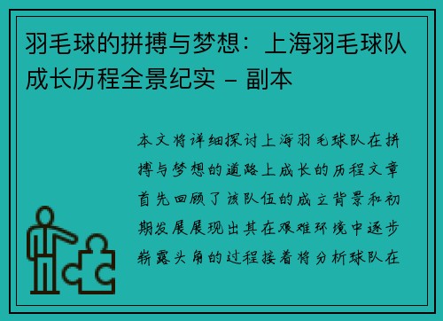 羽毛球的拼搏与梦想：上海羽毛球队成长历程全景纪实 - 副本